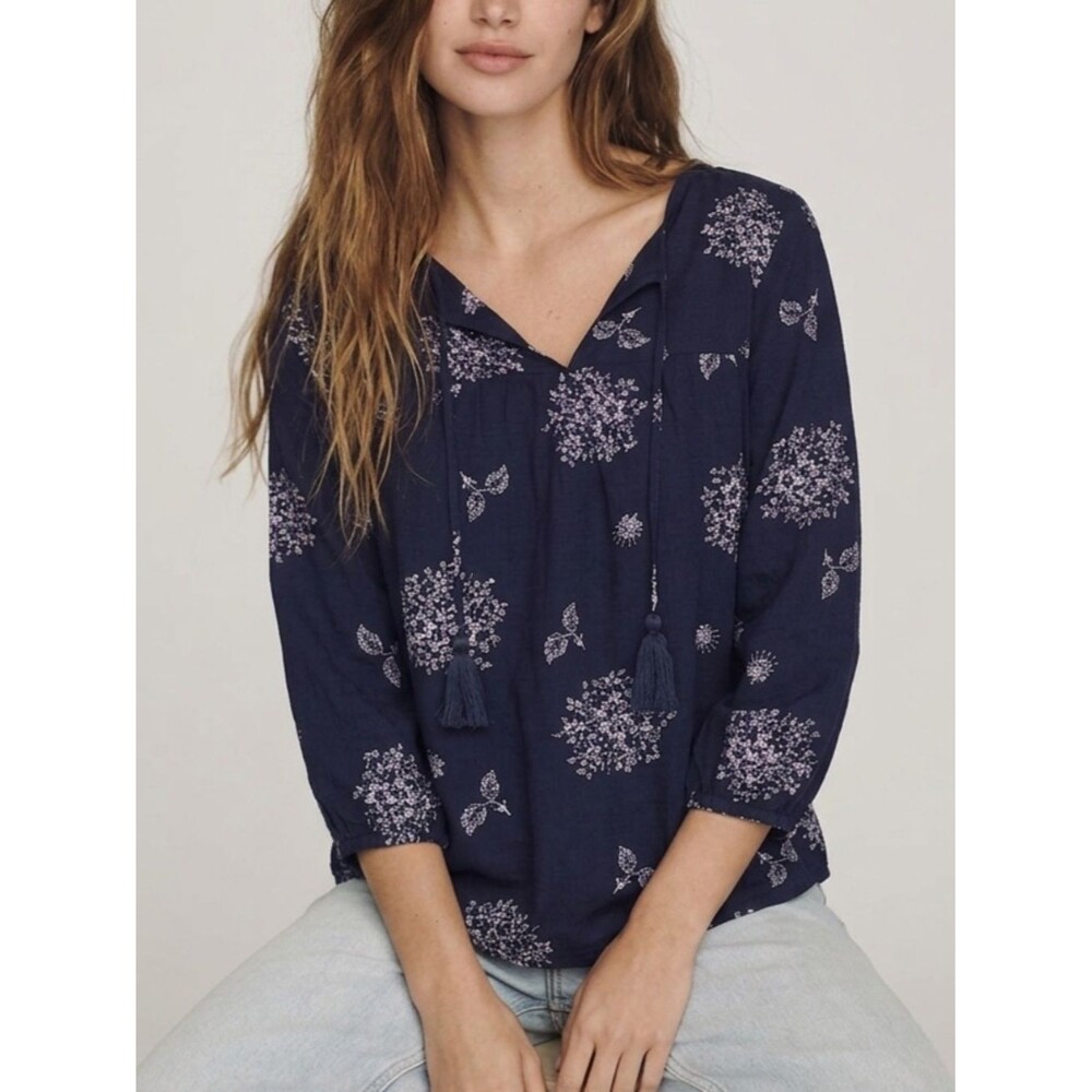 Skies are Blue Floral Peasant Top Size M Tassel Tie Split Neck 3/4 Sleeve Boho